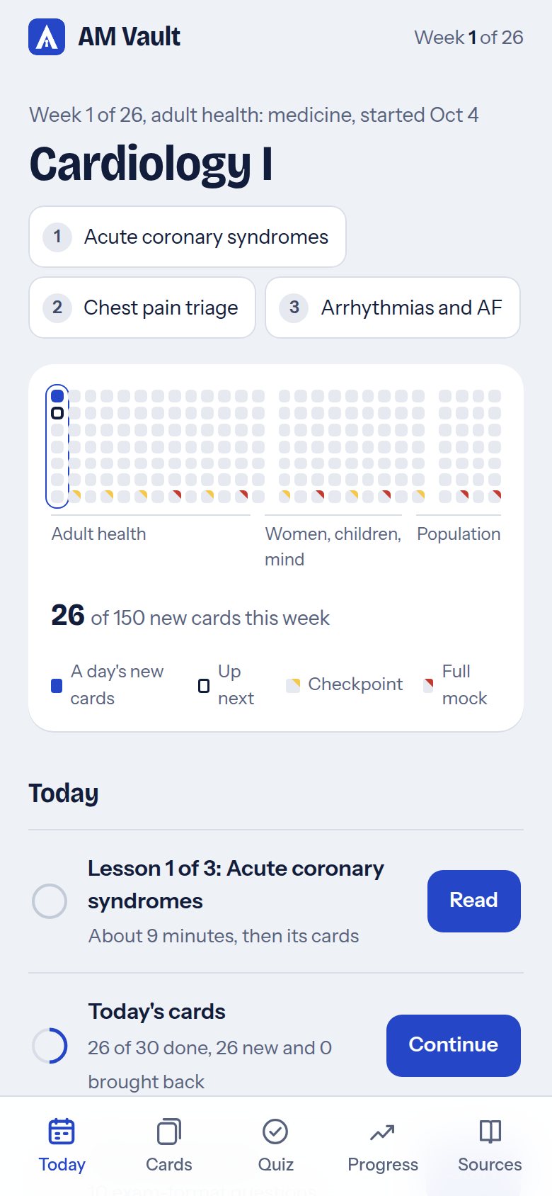 The Today screen for week 1 with its lessons, a course chart and today's tasks
